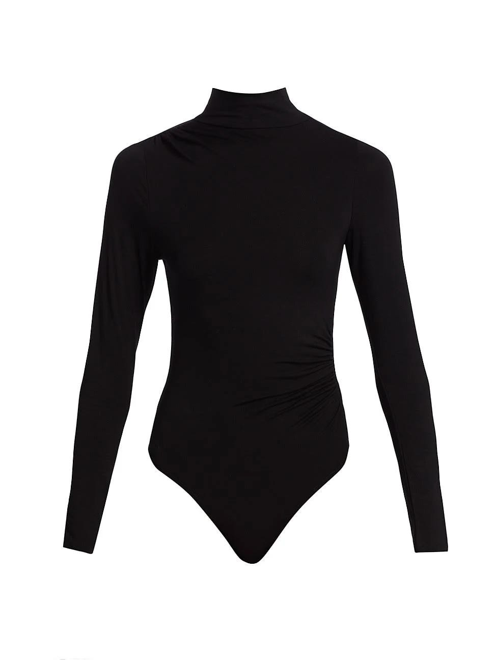 Stylish Black Ruched Bodysuit with Snap Closure | Image