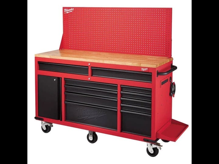 milwaukee-61-in-11-drawer-1-door-22-in-d-mobile-workbench-with-sliding-pegboard-back-wall-in-red-bla-1