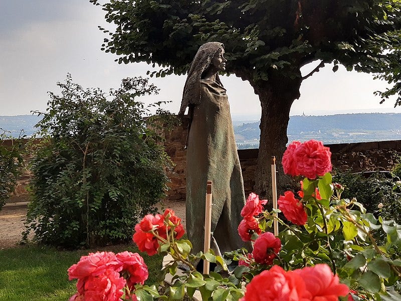 A statue of Hildegard in the garden of Eibingen Abbey located in Germany.