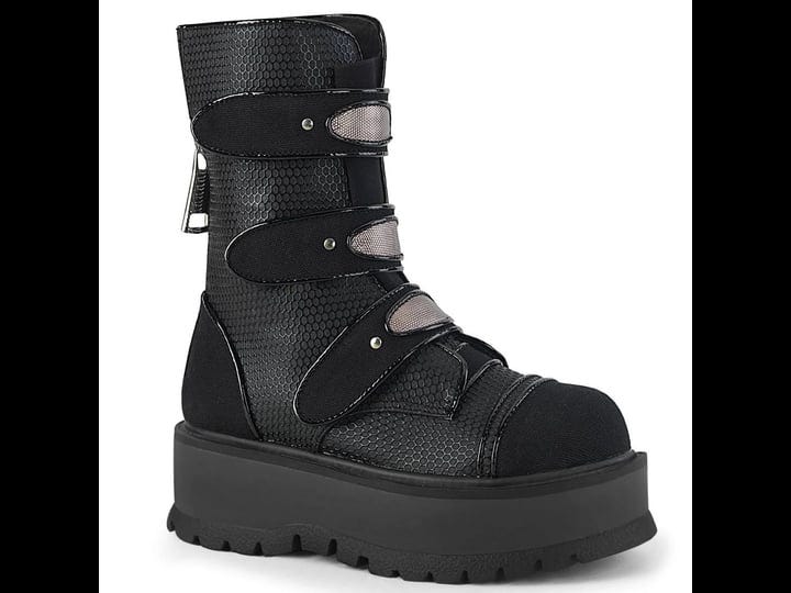 demonia-slacker-101-black-vegan-leather-canvas-mid-calf-boots-1