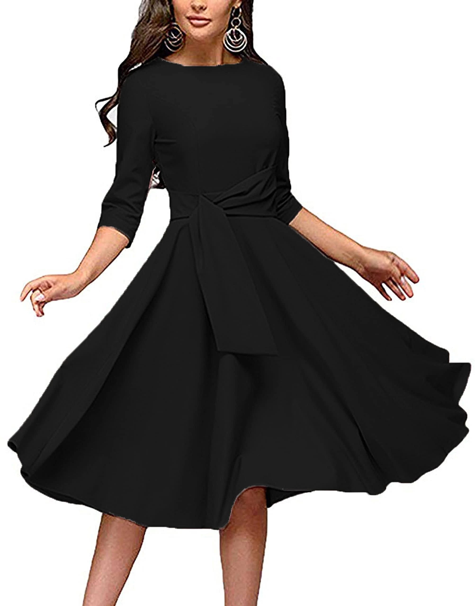 Fashionable Midi Black Dress with 3/4 Sleeves | Image