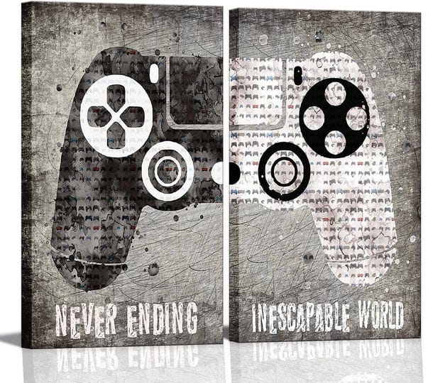 2-pieces-framed-video-game-canvas-wall-art-gamer-room-decor-black-and-white-retro-gamepad-history-po-1