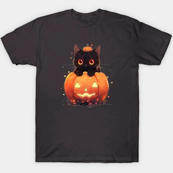 Black Cat Pumpkin Halloween T-Shirt for Men and Women | Image