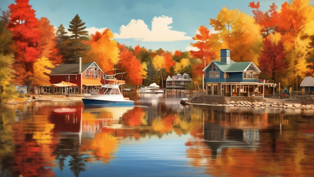 Create an image that captures the charm of Minocqua, Wisconsin. Include picturesque lake views with clear blue water, surrounded by lush forests in their autumn colors of red, orange, and yellow. Incorporate activities like fishing, boating, and a cozy lakeside cabin with smoke gently rising from the chimney. Add a quaint downtown area with charming shops and cafes, blending rustic and modern elements. The atmosphere should evoke a sense of peacefulness and natural beauty, ideal for a relaxing getaway.