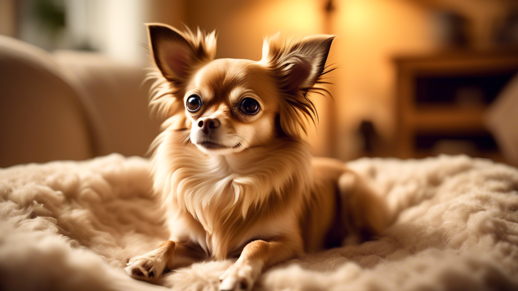 Create an image of a beautiful, fluffy long-haired Chihuahua mix relaxing in a cozy home environment. Show the dog