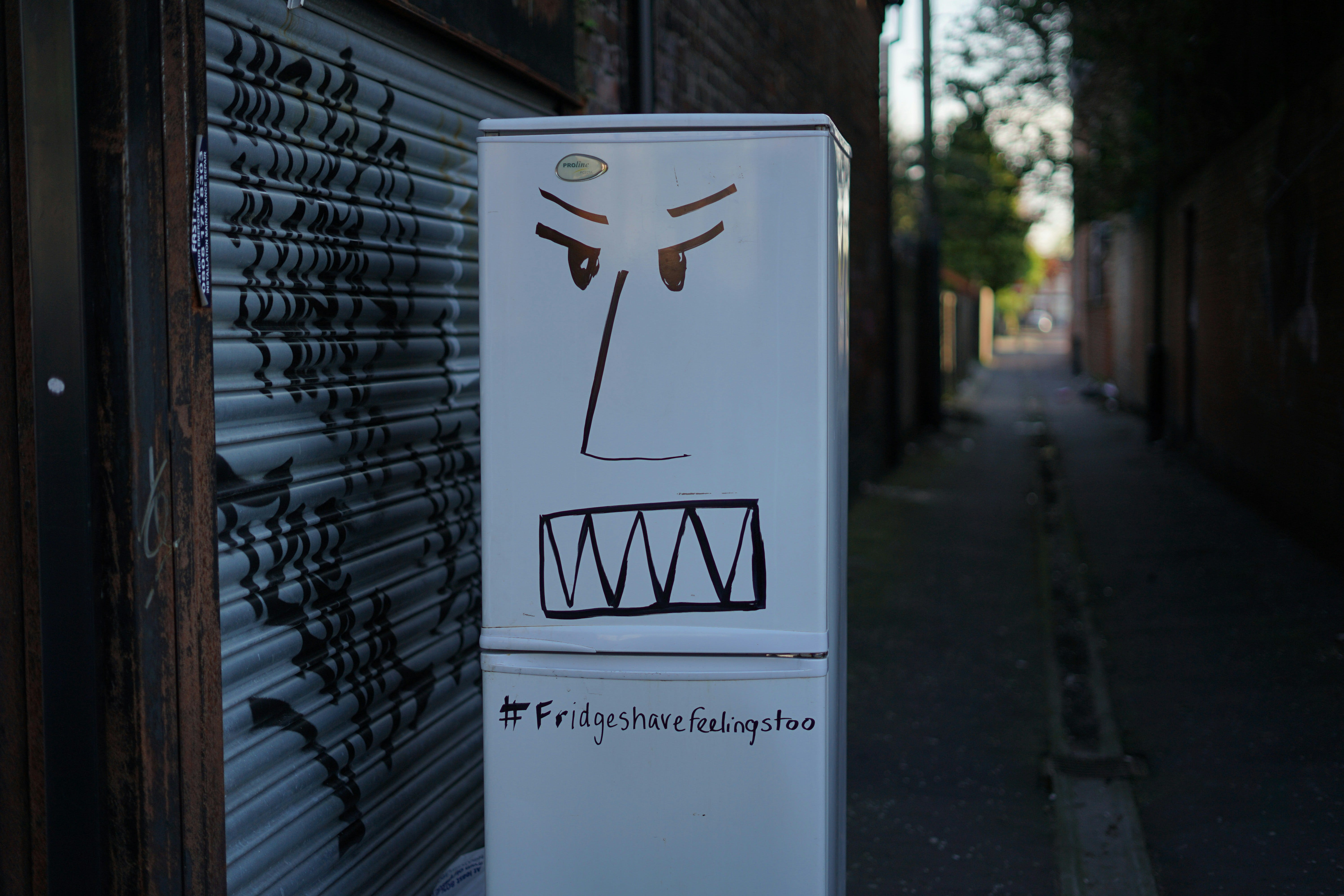 Image of a Refridgeraor with an angry face drawn on it in Sharpie marker