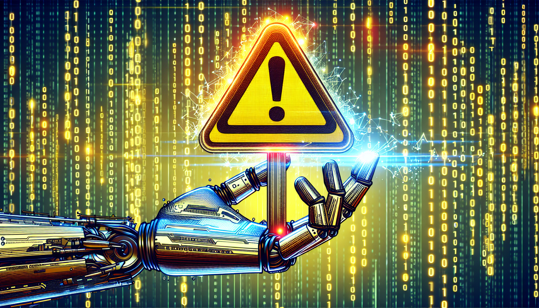 A robot hand holding a flashing yellow caution sign with lines of code visible in the background.