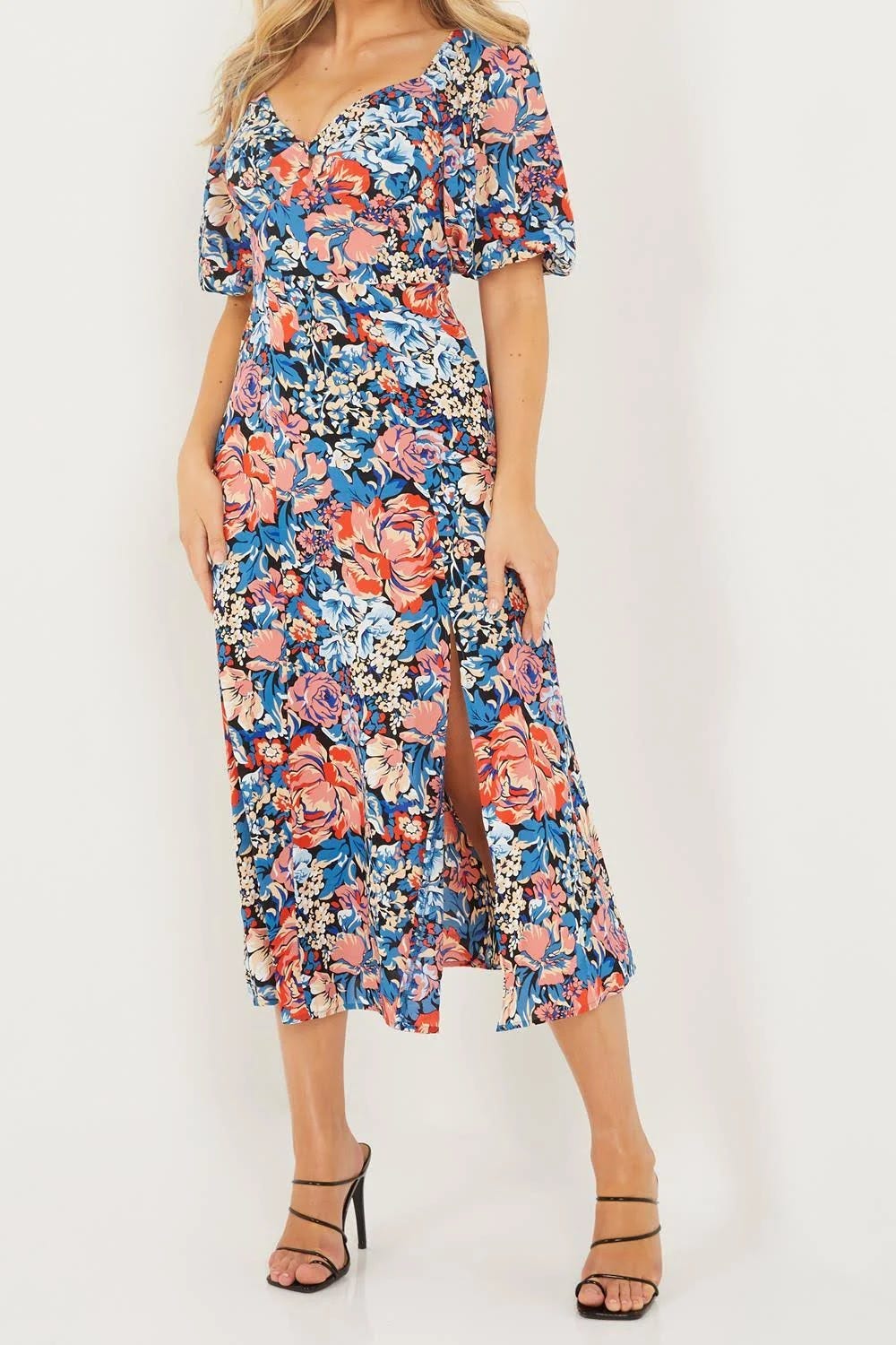 Floral Tea-Length Puff-Sleeve Side-Slit Dress | Image