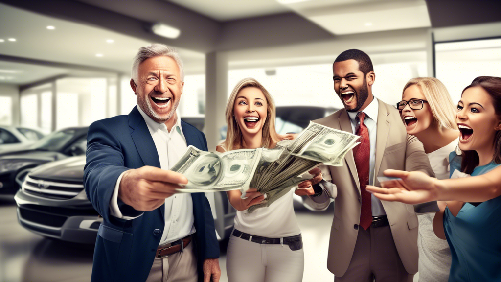 Create an image of a diverse group of people happily handing over cash to a car dealer at a dealership showroom, while the dealer looks surprised and pleased. The image should convey the concept of buying a car with cash and the potential benefits of this payment method.