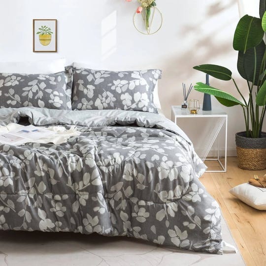 kacemoo-bed-set-queen-size-comforter-set-3pc-grey-leaves-print-neutral-comforters-hypoallergenic-dow-1