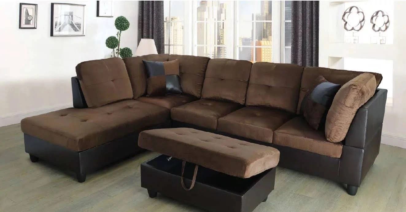 Hermann Luxury Brown Microfiber Chaise Sectional with Storage Ottoman | Image