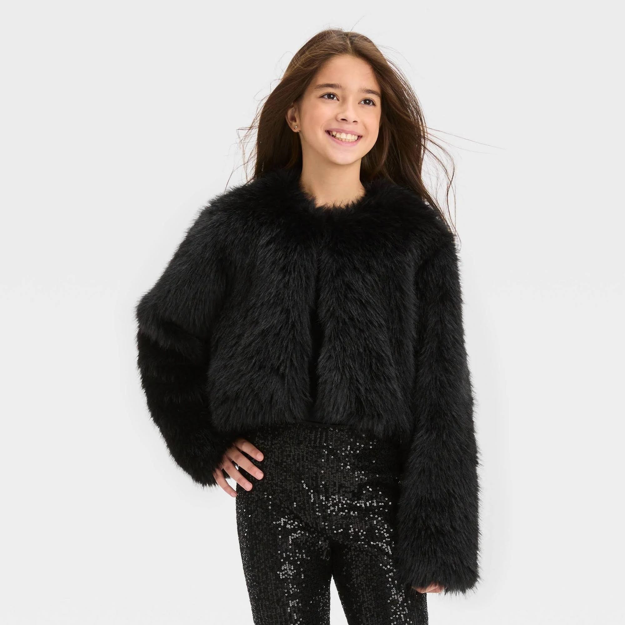 Art Class Black Faux Fur Cropped Jacket: Cozy and Stylish Winter Essential | Image