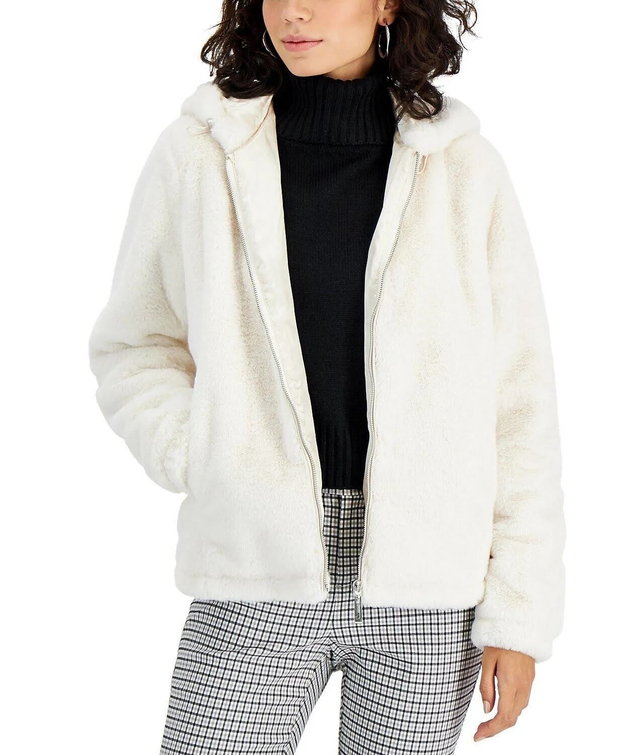 Comfortable Cream Faux Fur Jacket with Hood | Image