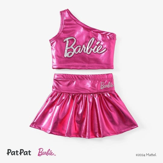 patpat-barbie-toddler-girls-2pcs-classic-logo-print-metallic-one-shoulder-top-with-skirts-set-1