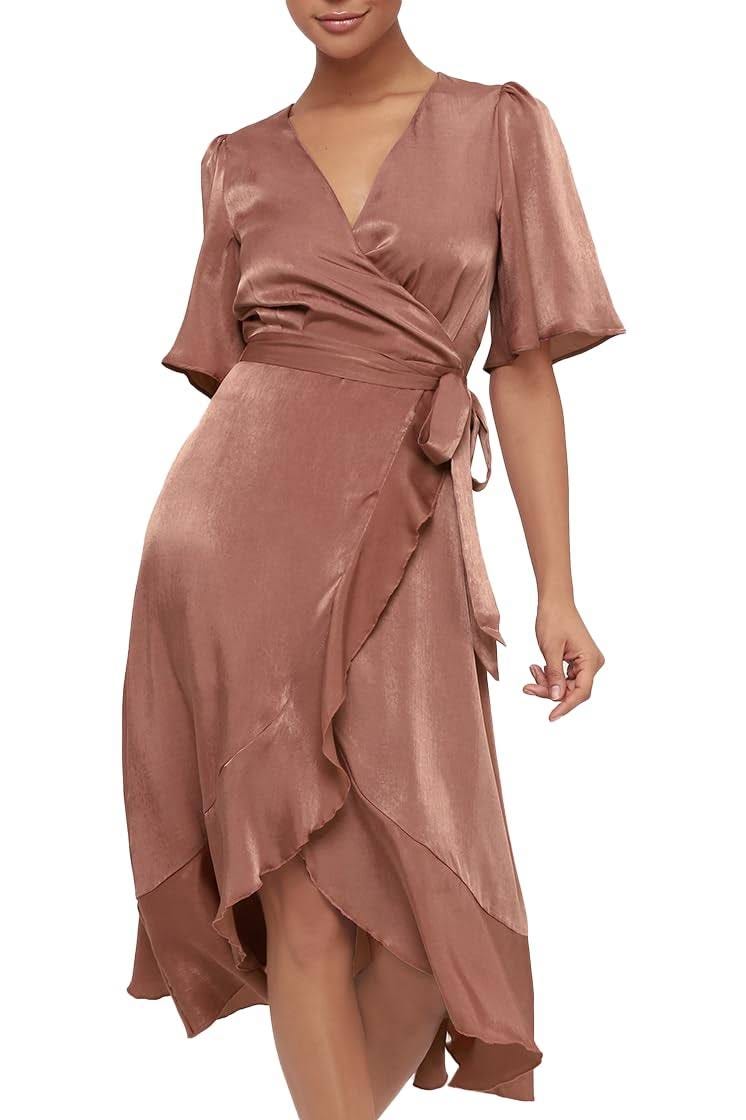 Elegant Satin Faux-Wrap Midi Dress in Mauve | Image