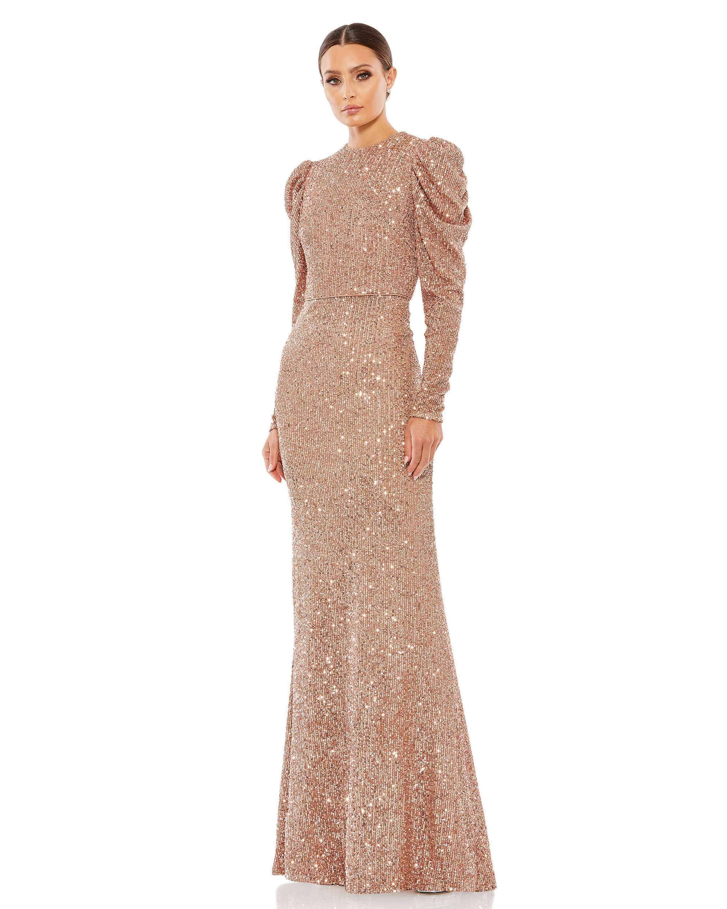 Stunning Long Sleeve High Neck Sequined Gown for Elegant Evenings | Image