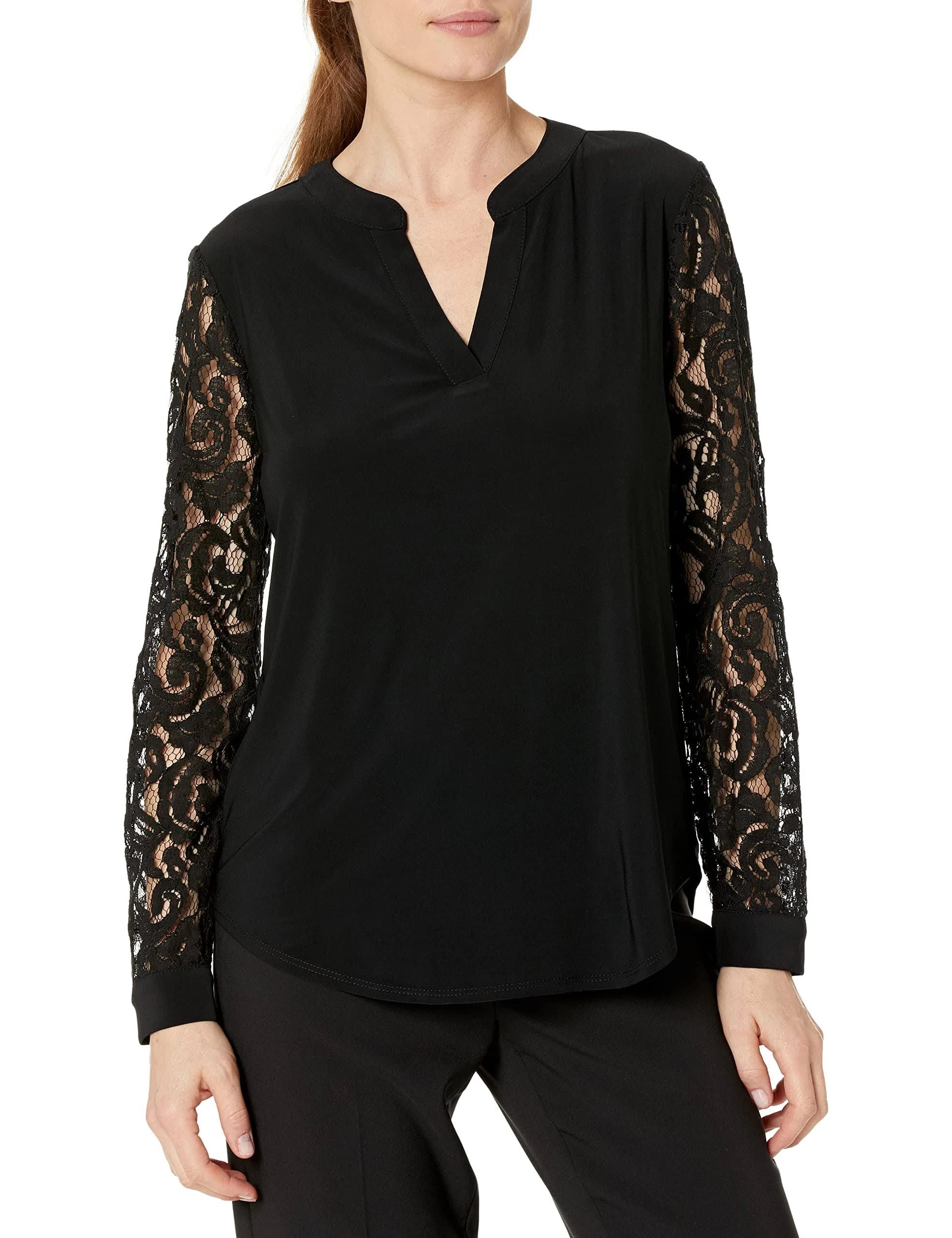 Lace-Enhanced Split Neck Long Sleeve Top for Feminine Style - Black Size PM | Image