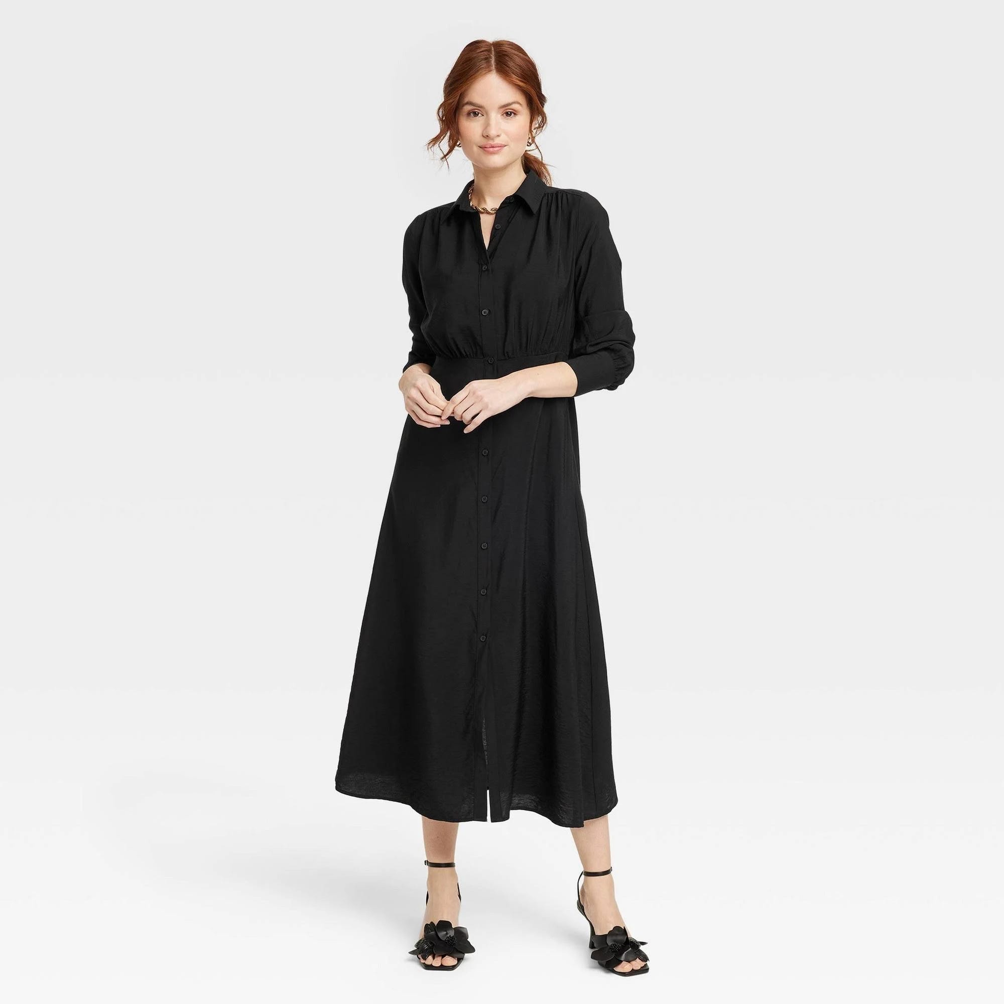 Sophisticated Long Sleeve Collared Midi Crepe Shirtdress | Image