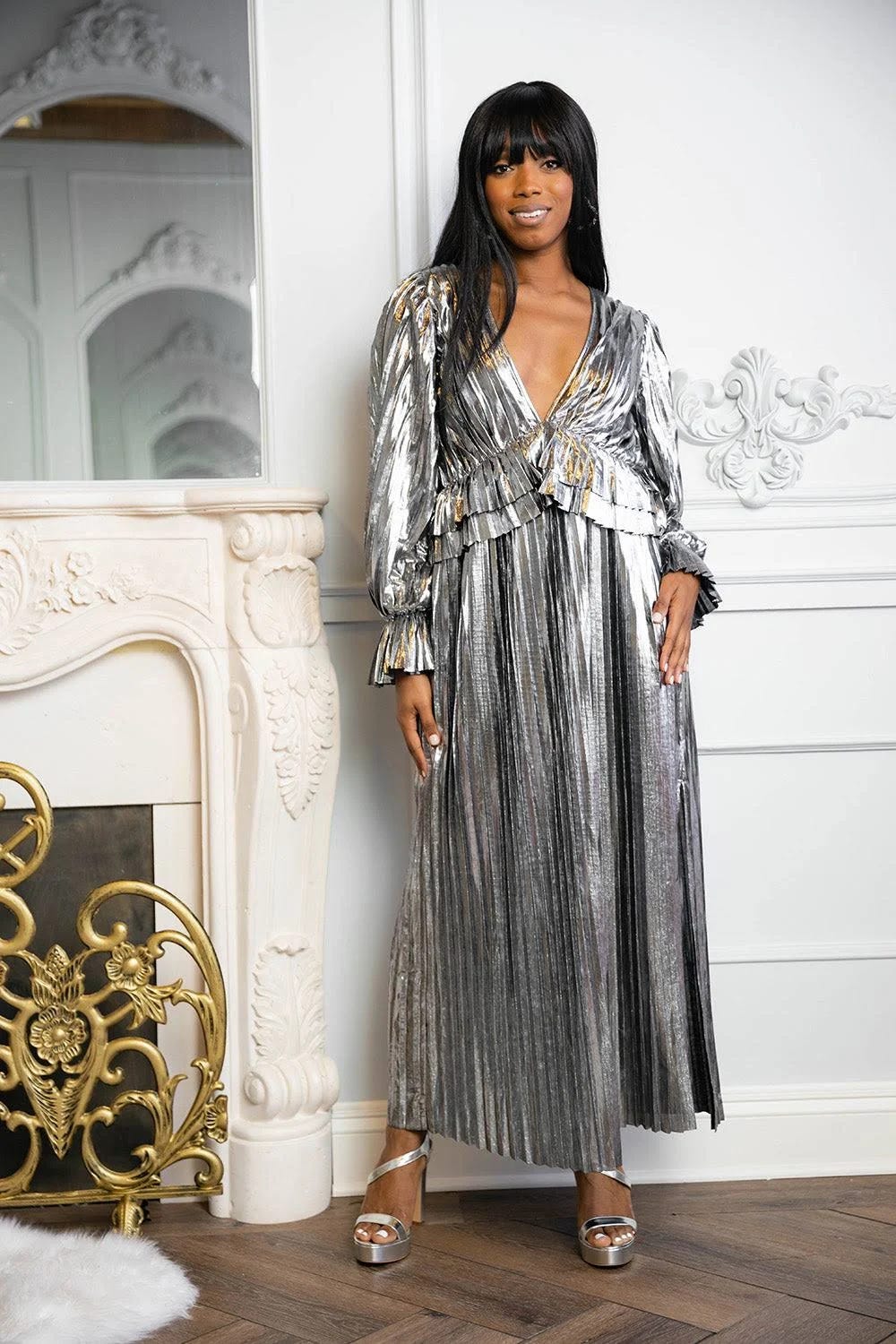 Shimmering Silver Chrome Maxi Dress with Elastic Sleeves | Image
