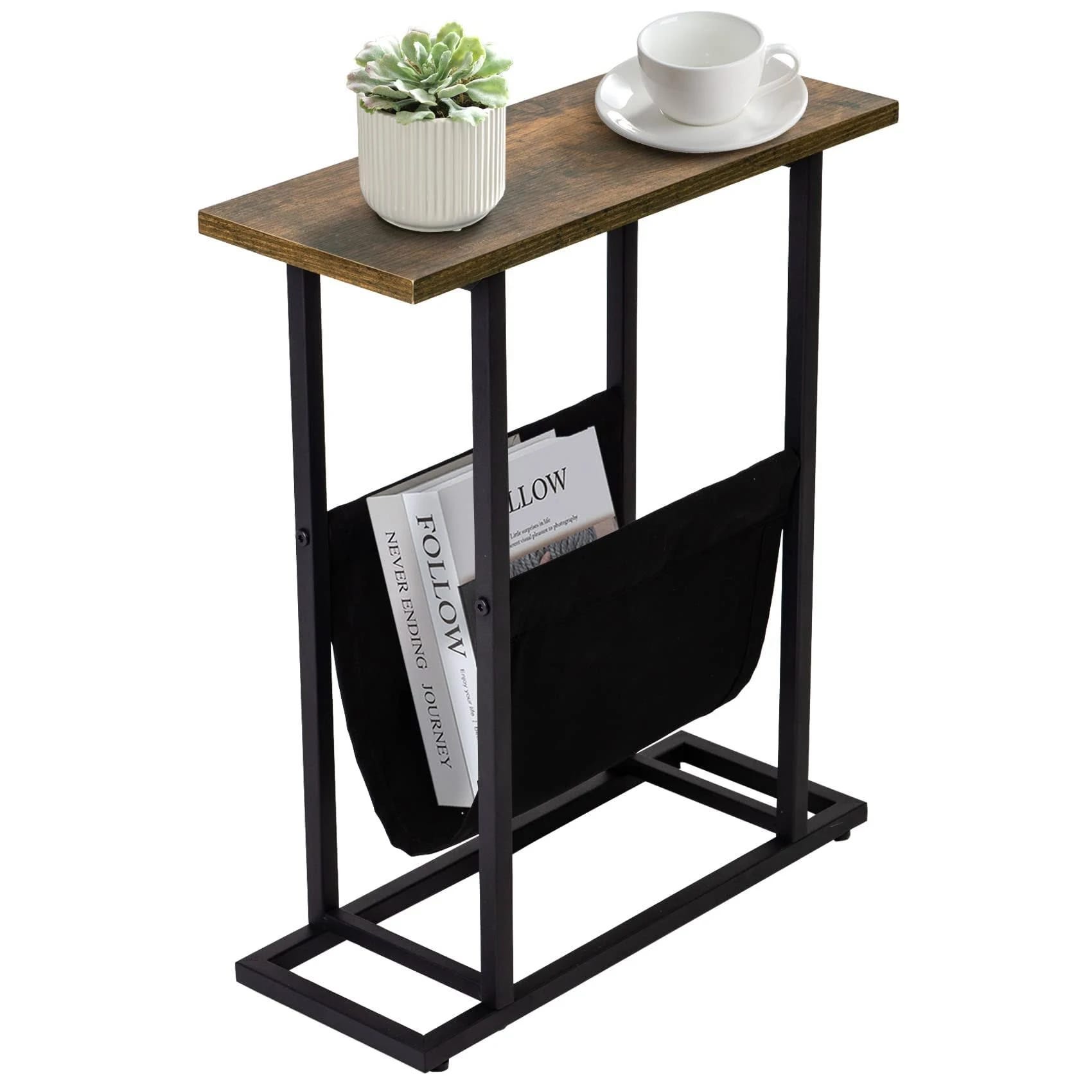 Slim End Table for Small Spaces - Narrow Nightstand with Magazine Holder | Image