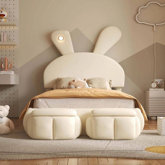 upholstered-platform-bed-with-cartoon-ears-shaped-headboard-and-light-beige-1