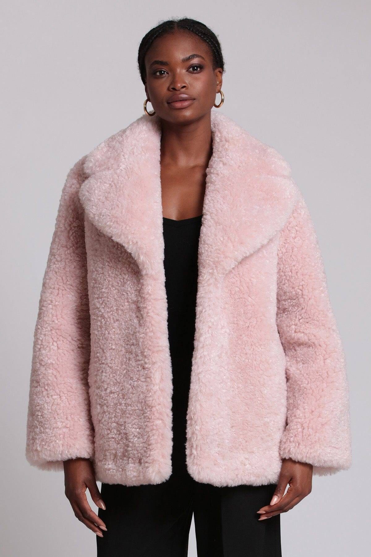Chic Pink Faux Fur Coat with Notched Collar Design | Image