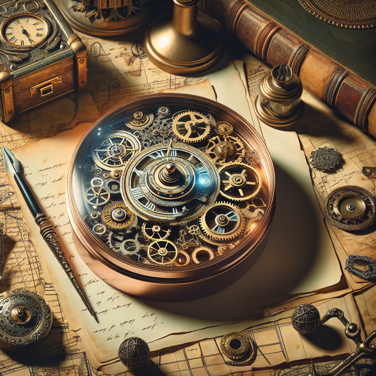 A steampunk-inspired time-traveling clock surrounded by historical artifacts and documents.