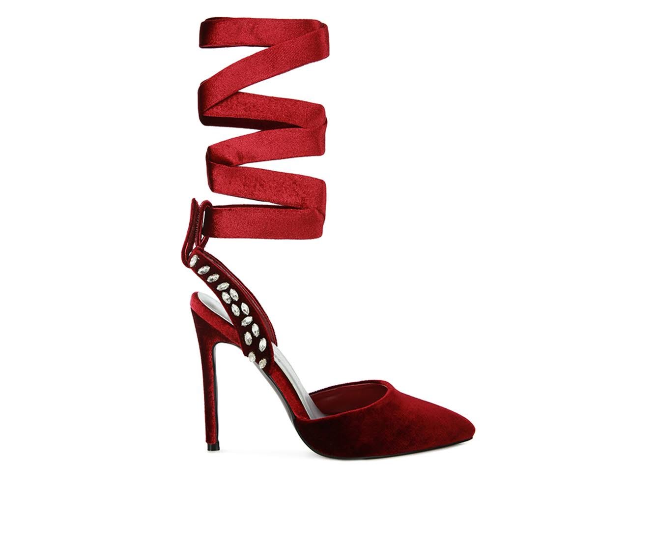 Chic Velvet Lace-Up Heels with Diamante Embellishments | Image