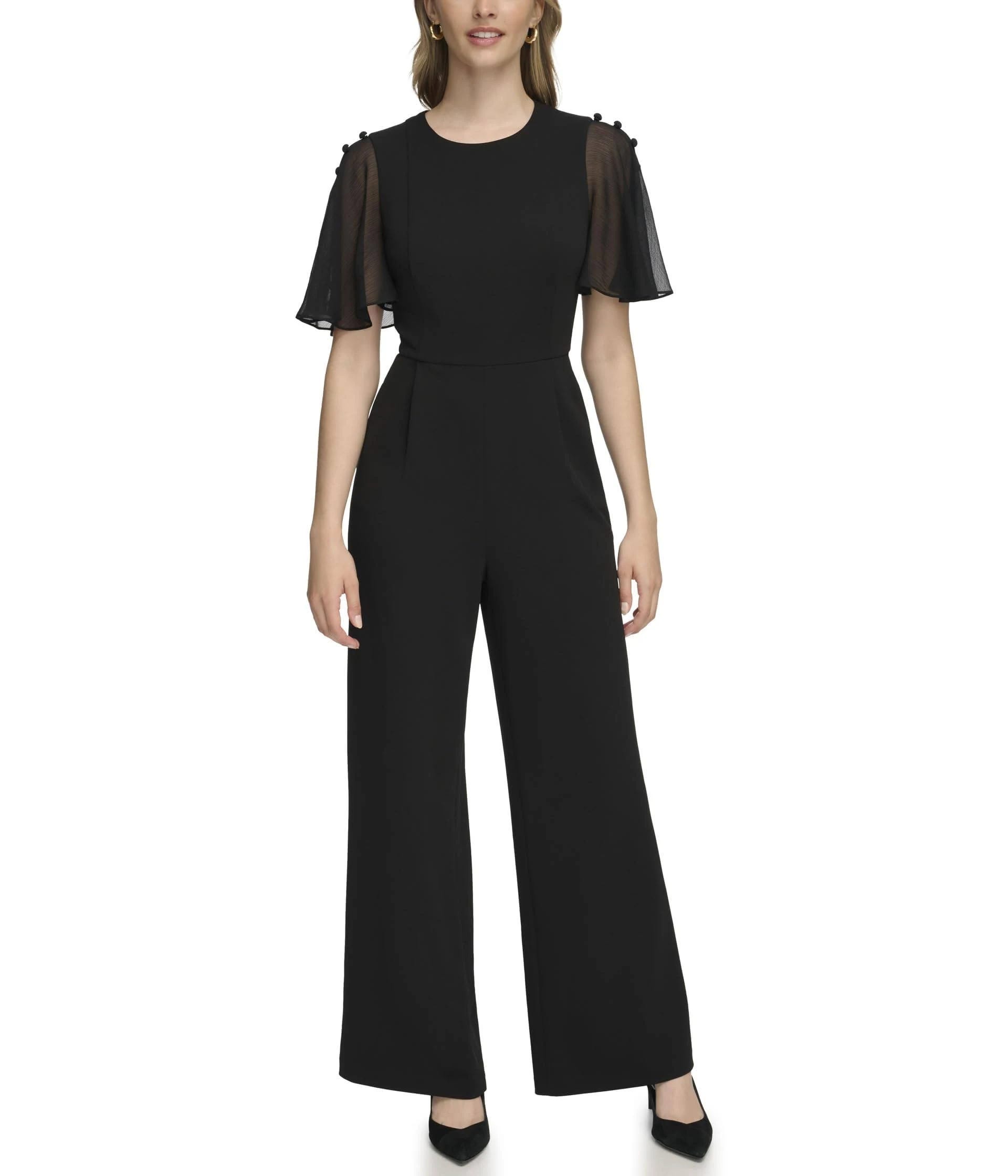 Chic Black Calvin Klein Flutter-Sleeve Jumpsuit | Image
