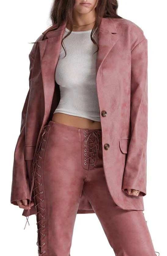 Oversized Warm Pink Faux Leather Blazer for Women | Image