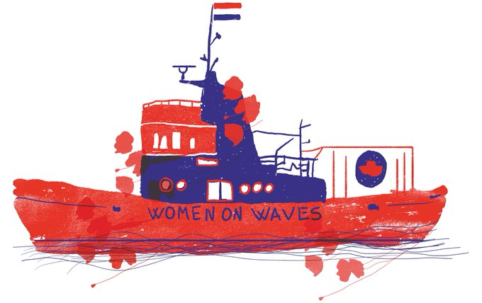 a imagem mostra um desenho de um barco em vermelho e azul com a inscrição “women on waves” na lateral
