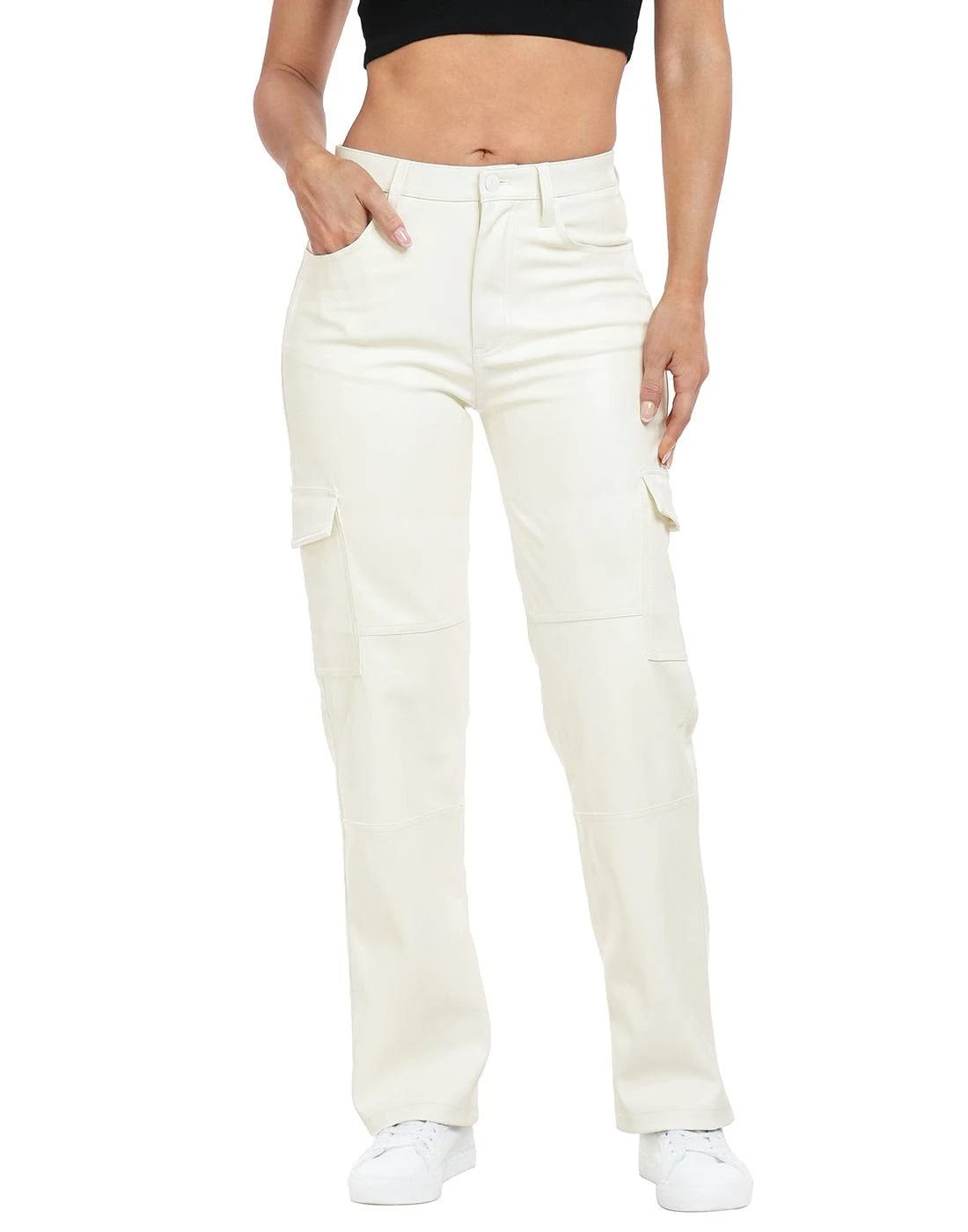 High Fashion High Waisted White Leather Cargo Pants for Women | Image