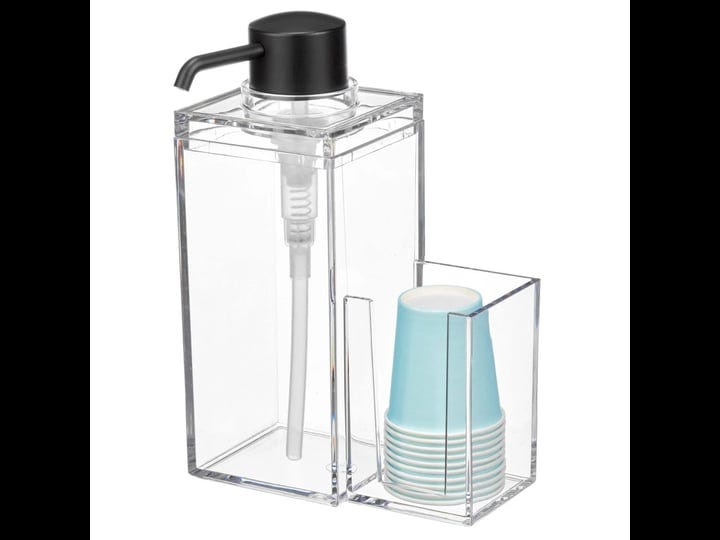 mdesign-plastic-bathroom-mouthwash-pump-and-cup-holder-clear-matte-black-1