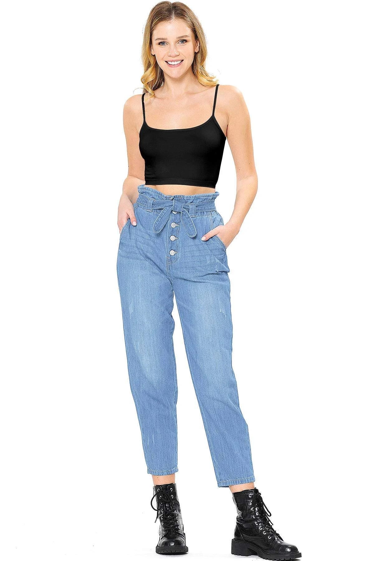 High Rise Paperbag Mom Jeans - Women's Denim Pants | Image