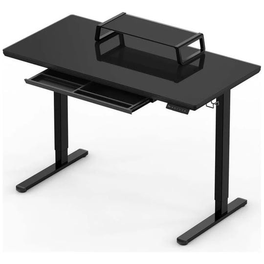 shw-48-inch-glass-electric-height-adjustable-desk-with-monitor-riser-and-drawer-black-1