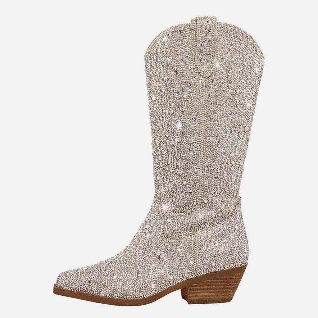 Sparkly Diamond-Studded Women's Western Cowboy Boots - Silver Party Option | Image