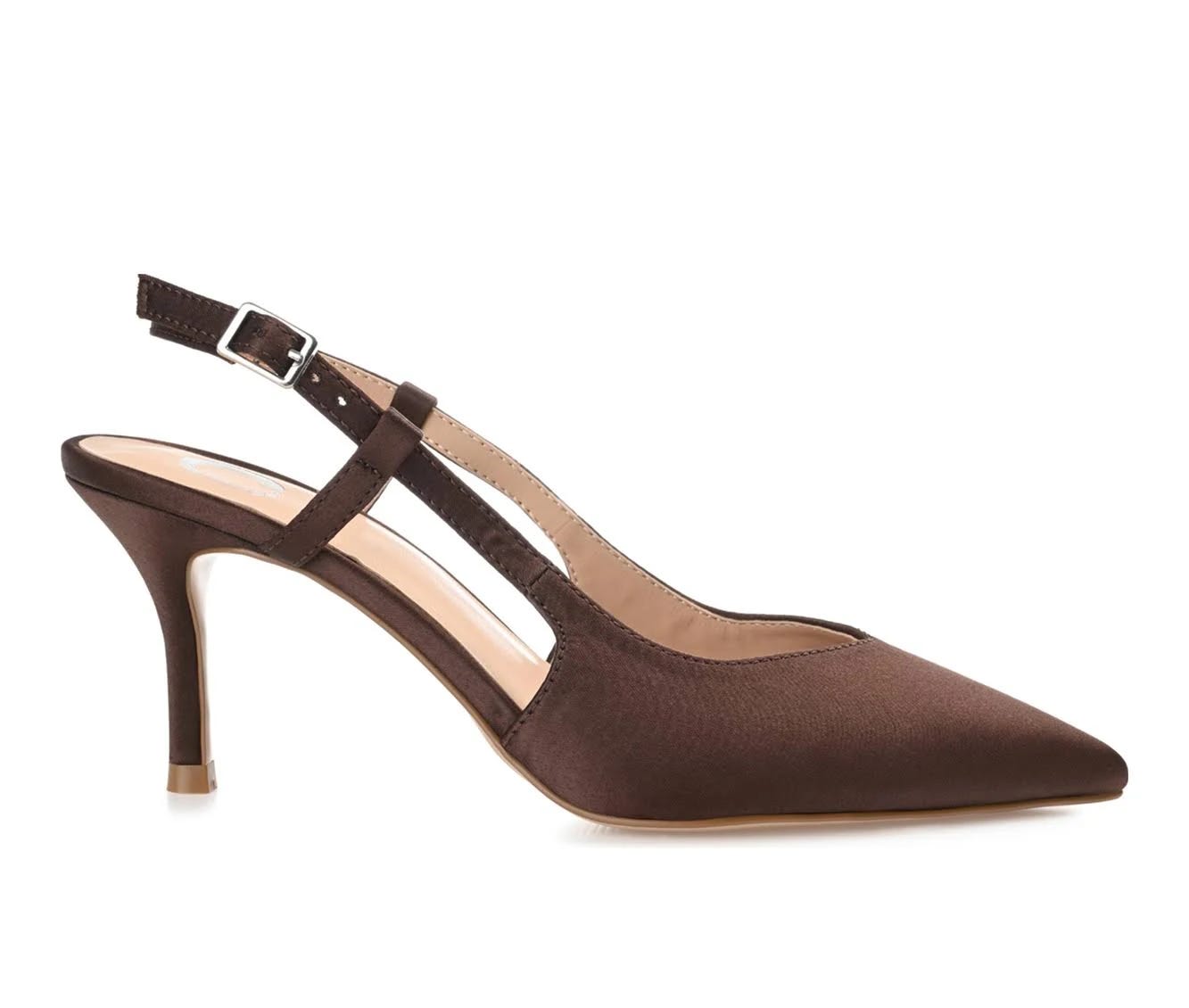 Knightly Pump: Elegant Brown Heel with Satin Fabric and Padded Footbed | Image