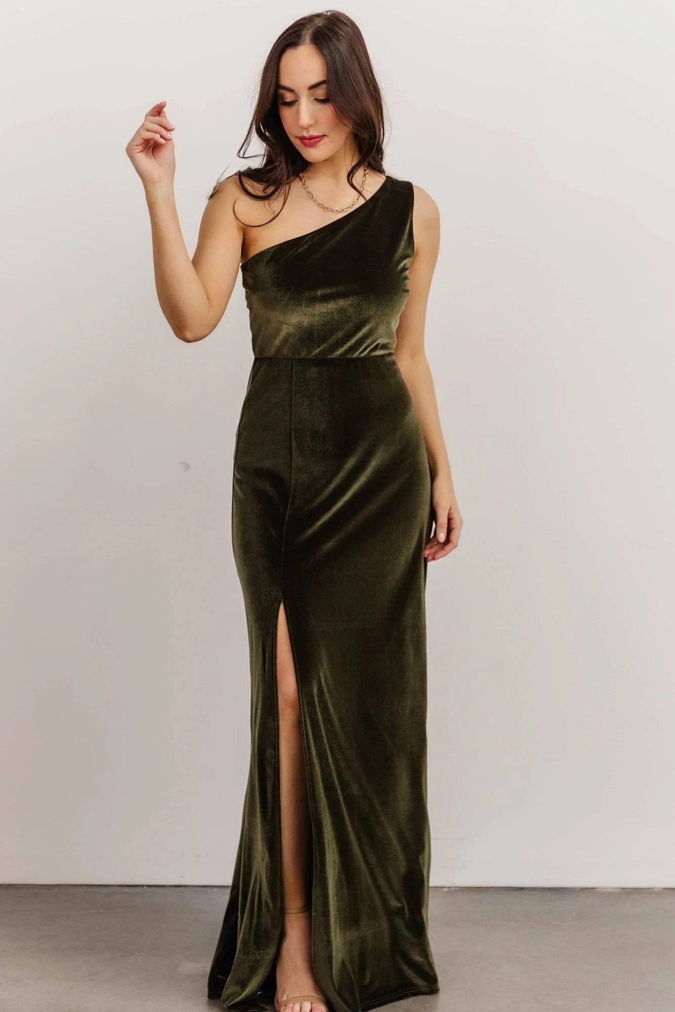 Elegant Velvet One-Shoulder Maxi Dress in Olive | Image