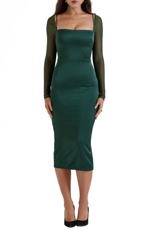 Emerald Green Long Sleeve Satin Sheath Cocktail Dress by House of CB | Image