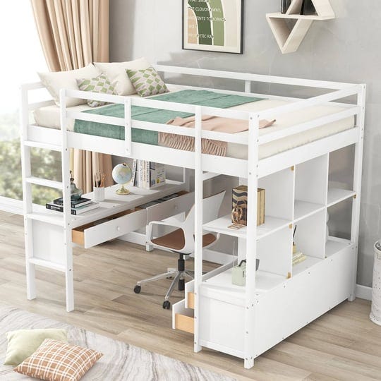 full-size-loft-bed-with-built-in-desk-2-drawers-storage-shelves-solid-wood-loft-bed-frame-w-ladder-f-1