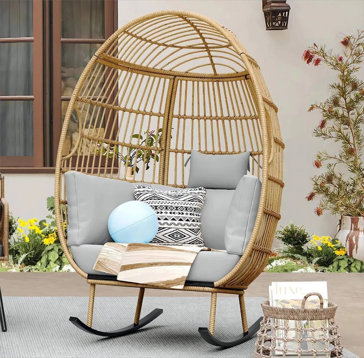 Oversized Wicker Rocking Basket Egg Chair for Outdoor & Indoor Use | Image