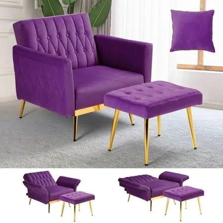 Purple Velvet Accent Recliner Chair with Button Tufted Design | Image