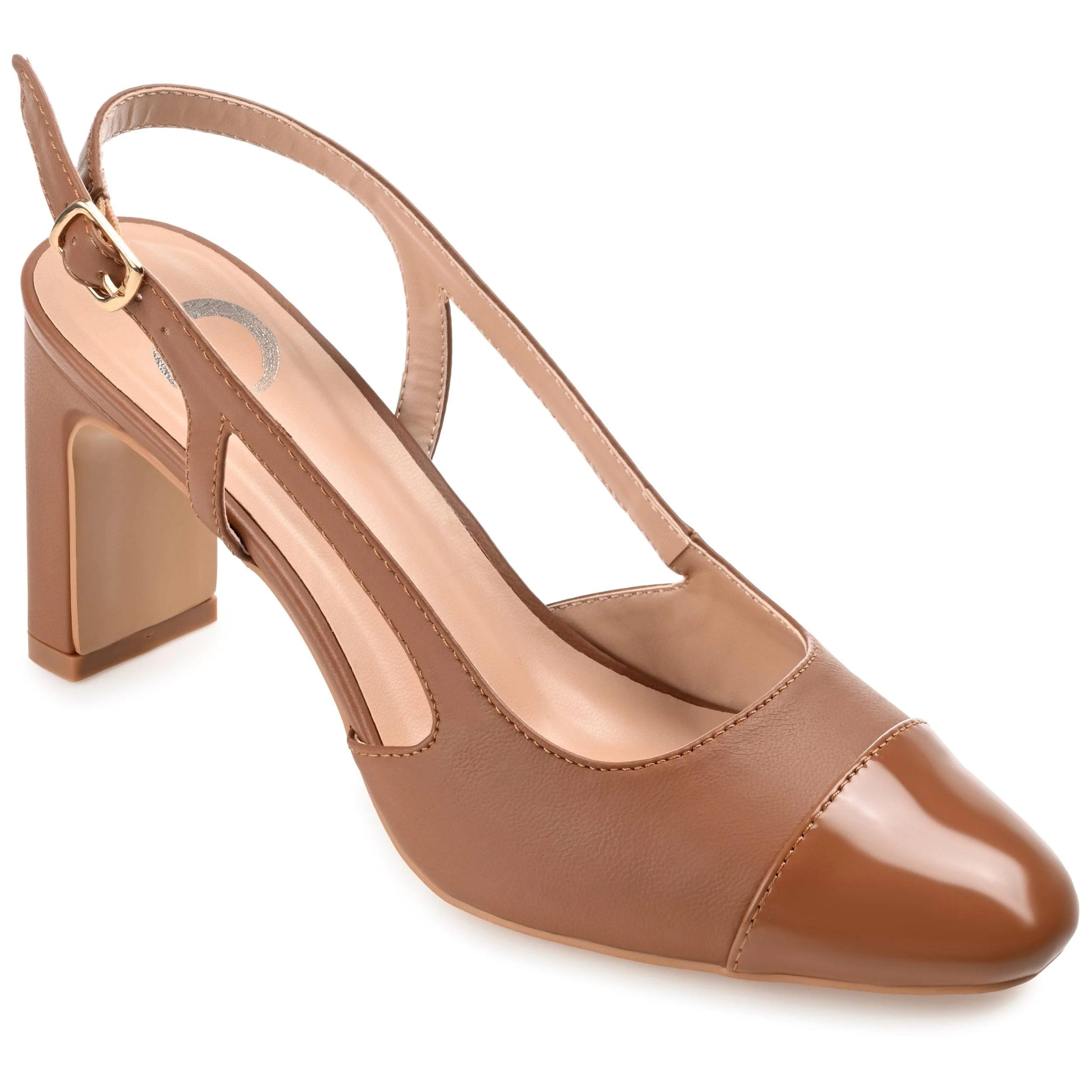 Tan Block Heel Pump with Cap Detail and Buckled Sling-Back Strap | Image