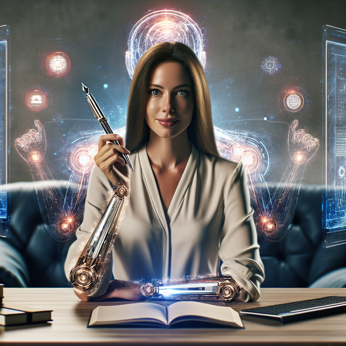 A woman sitting at a futuristic desk with AI tools and a fountain pen
