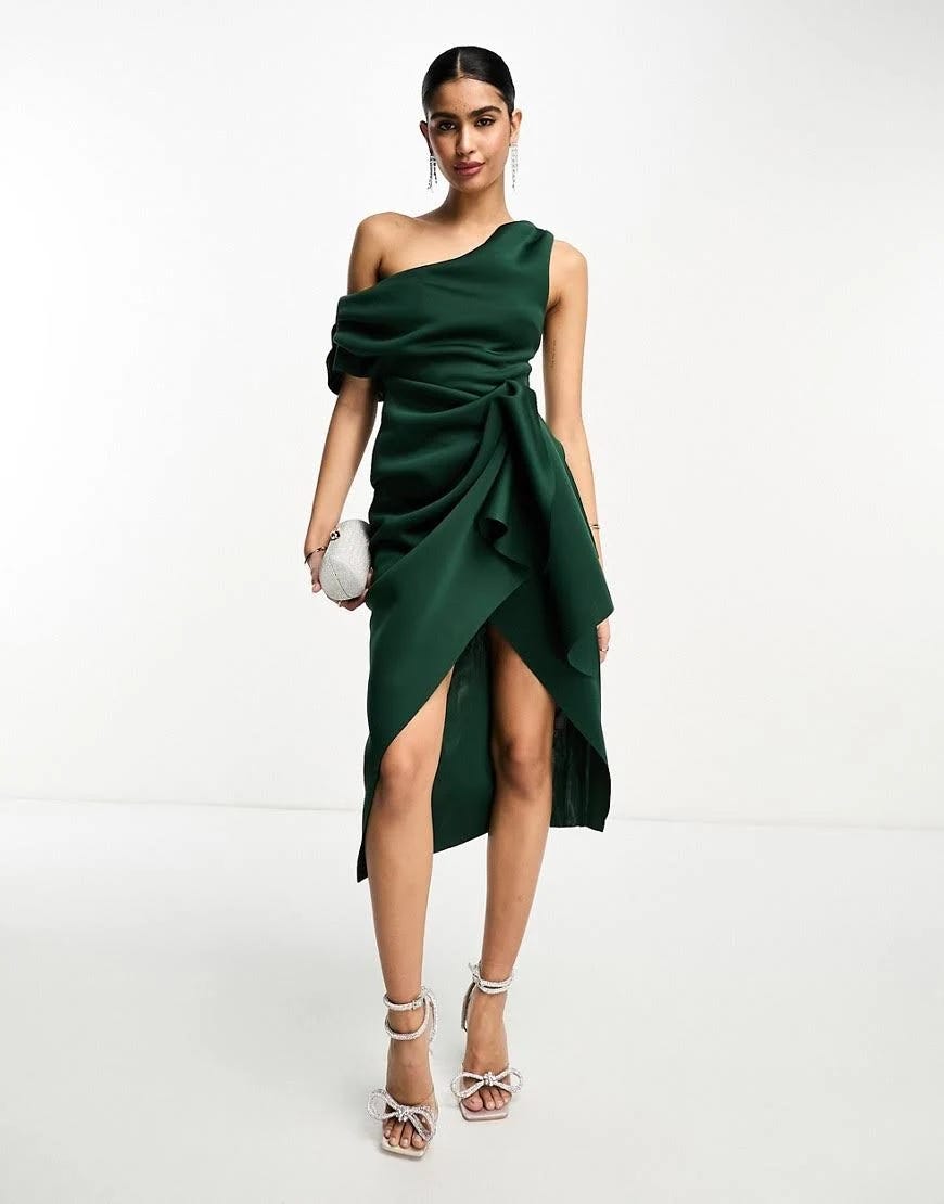 Forest Green Bodycon Midi Dress with Asymmetrical Silhouette | Image