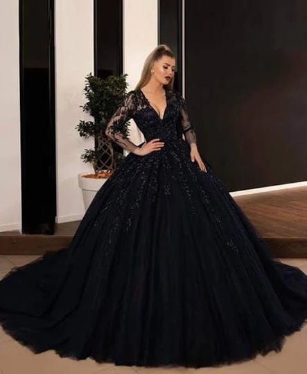 black-ball-gown-v-neck-long-sleeve-tulle-wedding-dresses-with-appliques-lace-missacc-1