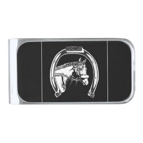 Horse and Horseshoe Scratch Art Silver Finish Money Clip