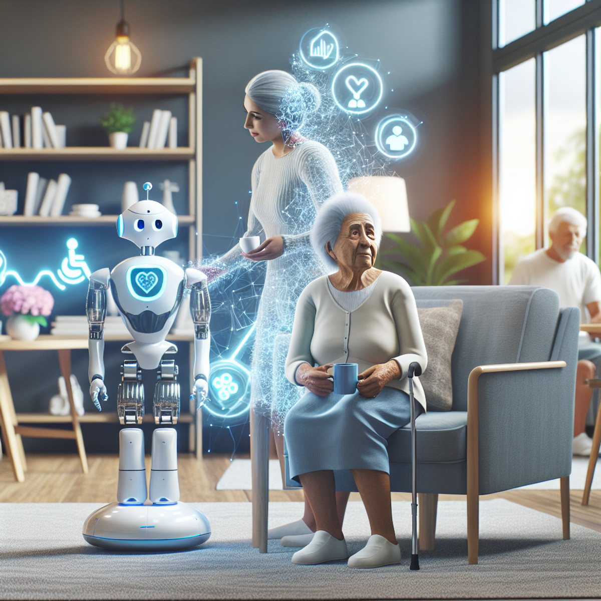 An elderly woman and a robotic companion engage in conversation, surrounded by modern AI-powered devices designed to enhance senior care.