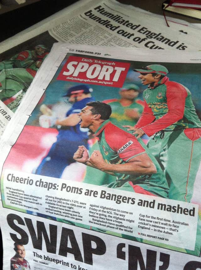 The headline in Australian newspaper The Daily Telegraph reads 'Cheerio chaps: Poms are Bangers and mashed' after defeat to Bangladesh sent England out of the 2015 Cricket World Cup