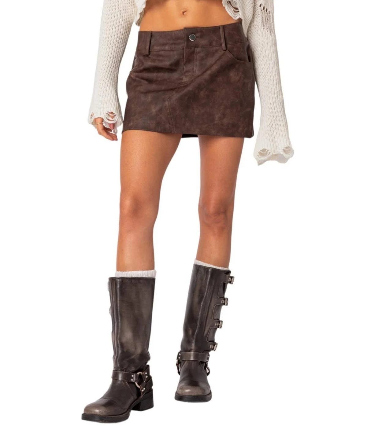 Elegant Brown Faux Leather Mini Skirt with Distressed Look | Image